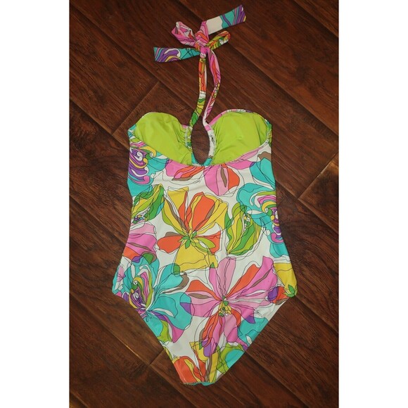 Trina Turk One Piece Swimsuit 12 14 Tropical Halter Top Kaleidoscope L XL Swim - Picture 7 of 10